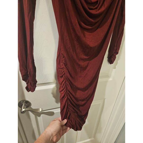 Krisa KD-1090 Ruched Mini Dress XS Burgundy LS NWT Revolve Draped Bodycon - Picture 5 of 6